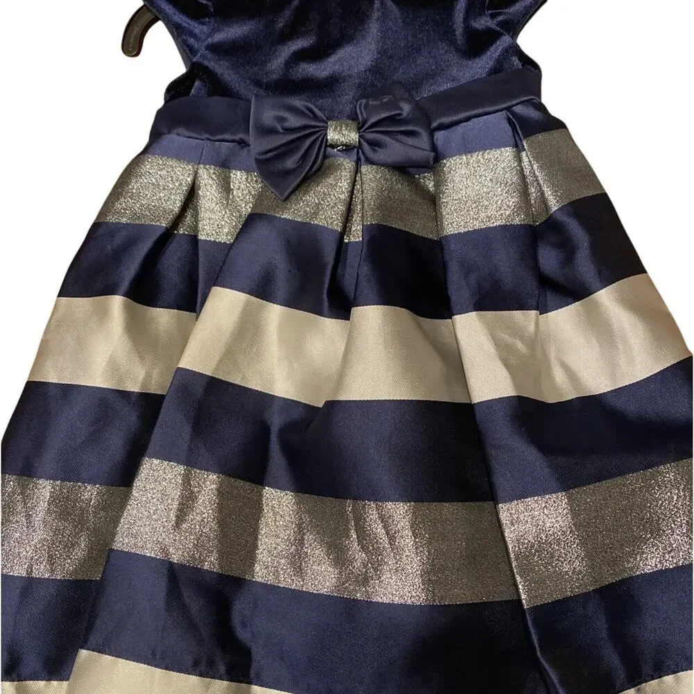 Jona Michelle Girls Special Occasion Blue Velvet Striped A Line Dress